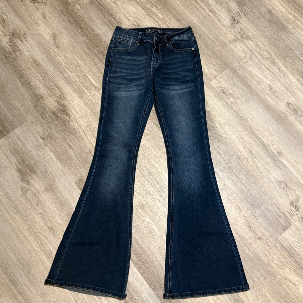 Grace in LA Easy Fit Dark Wash Flare Jeans Size 25 Wide Leg Denim